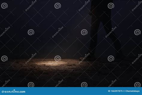 Man With Flashlight Walking Near River At Night Stock Image Image Of