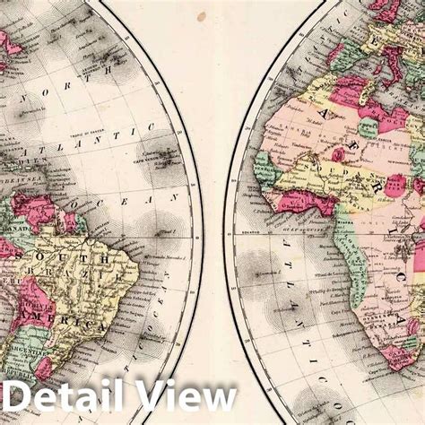 Historic Map Eastern Hemisphere Western Hemisphere 1873 Vintage
