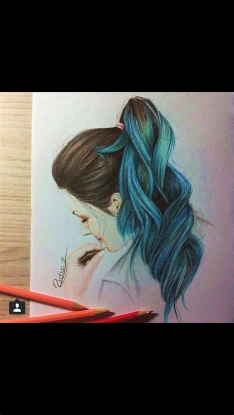 Art Blue Drawings Girl Hair Pencil Teenager