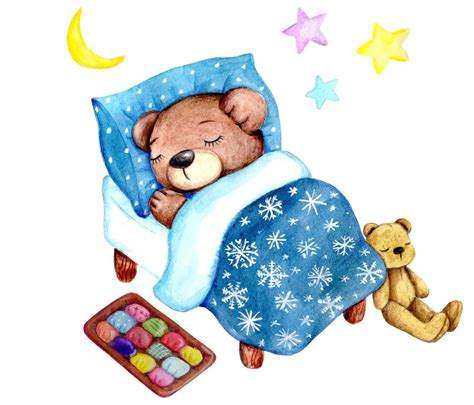 Cute Watercolor Illustration Of Sleeping Teddy Bear By Teddy Bears And