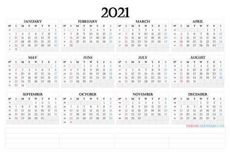 2021 12 Month Calendar Printable Free Pdf Template Calendar Design