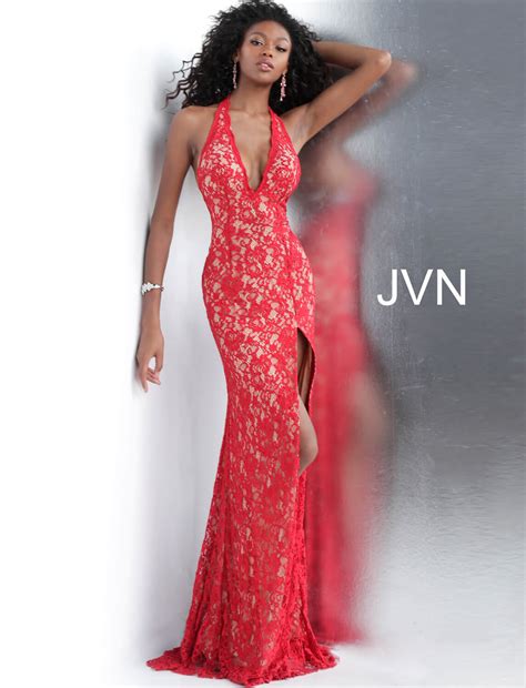 Jvn Dress Red And Nude Lace Plunging Halter Backless Prom Dress