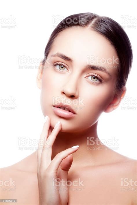 Portrait Of Beauty Model Girl Natural Nude Makeup Perfect Clean Skin Hand Near Chin White