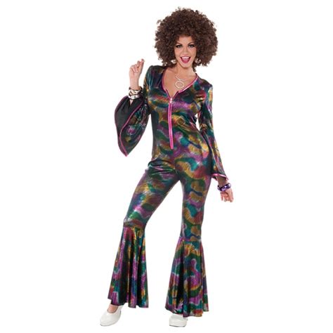 Disco Fancy Dress Costume Jumpsuit W Flares 70s Dress Up Abba Ladies