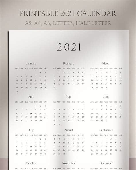 Printable 2021 Calendar Year At A Glance 2021 Wall Calendar Etsy