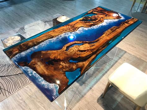 Camphor Wood Epoxy Resin Table With Ocean Waves Design Epoxy And Wood