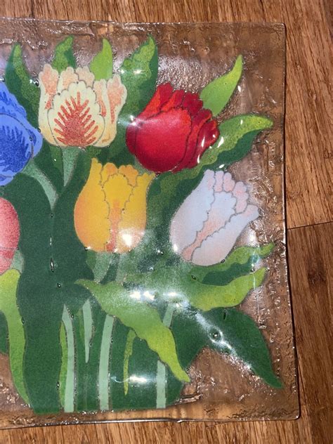 Peggy Karr Plate Fused Art Glass Rainbow Tulip 10 In Platter Made In Usa Retired Ebay