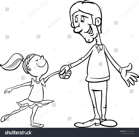black and white cartoon illustration of father and little daughter dancing ballet for coloring