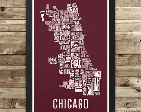Chicago Neighborhood Typography City Map Print Etsy Chicago Wall