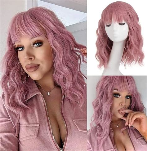 Pweouke Pink Wig With Bangs Short Wavy Bob With Bangs 14