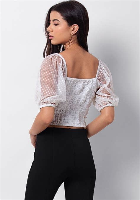Buy Women White Mesh Ruched Smocked Crop Top Trends Online India