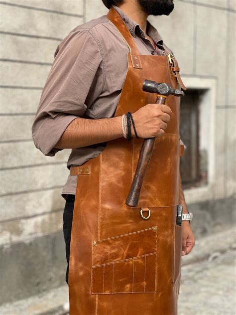 Brown Leather Apron For Men Grilling Bbq Barbecue Apron Etsy