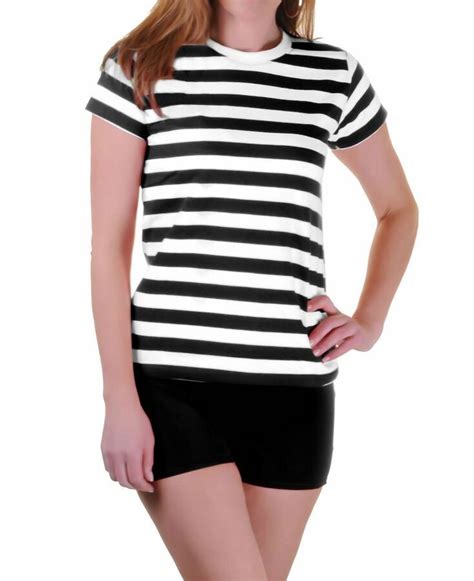 Womens Black And White Striped T Shirt Fancy Dress Crew Neck Short Sleeves Top Stripe Tshirt