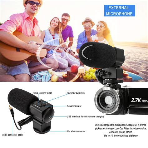 Video Camera Camcorder With Rechargeable Microphone Fhd 27k 30fps