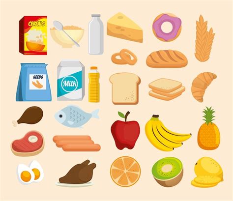 Grupo De Iconos De Alimentos Nutritivos Vector Ilustración Diseño