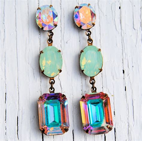 Aurora Borealis Pacific Opal Vintage Swarovski Earrings Etsy