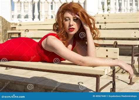 Beautiful Red Haired Woman In Elegant Dress Stock Photo Image Of