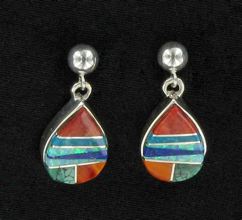Native American Sterling Silver Earrings Navajo Multi Stone Teardrop