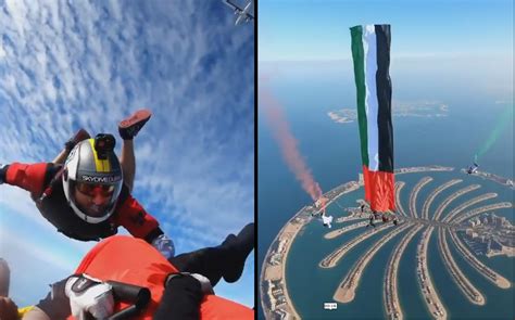 شاهد قفز مظلي فوق نخلة الجميرا بمناسبة اليوم الوطني الإماراتي أريبيان