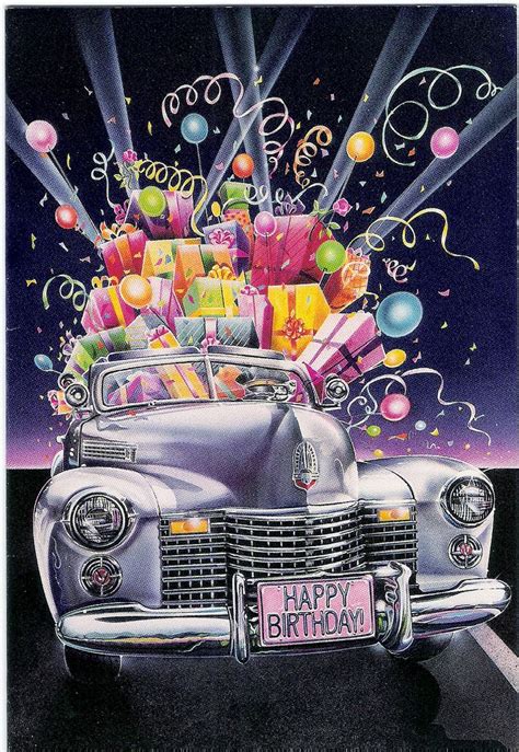 An Old Car With Balloons And Presents On Top