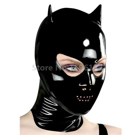 Sexy Black Latex Hero Mask Full Face Hood With Back Zipper Cat Woman