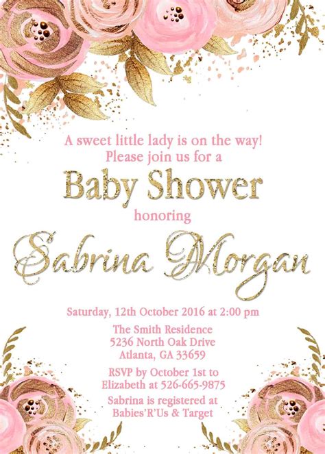Floral Pink Gold Baby Shower Invitation Girl Baby Shower Invitation
