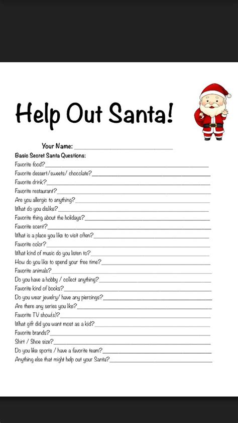 Secret Santa Questions For Coworkers Printable