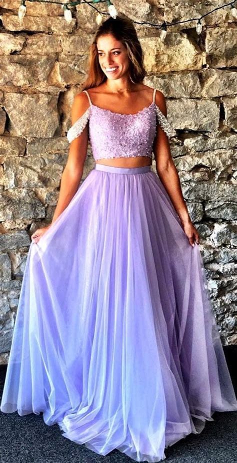 Two Piece Prom Dresses Spaghetti Straps A Line Long Sparkly Prom Dress Anna Promdress