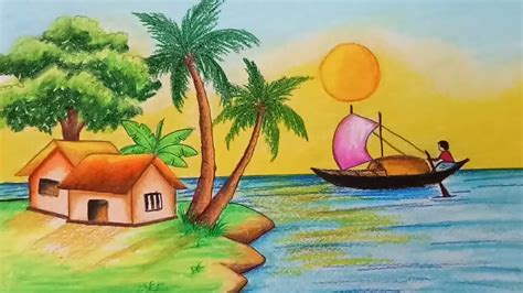 How to draw a beautiful village scenery step by step with water colour pencil.watch. How to draw scenery of River side Village.Step by step ...
