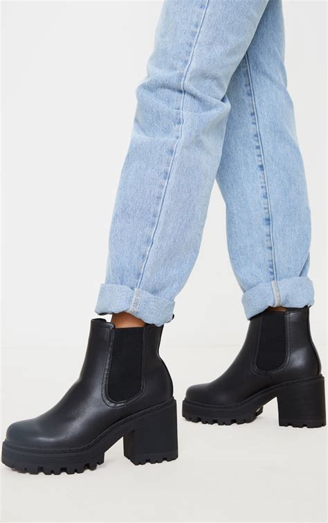 black wide fit chunky heeled chelsea boot prettylittlething ca