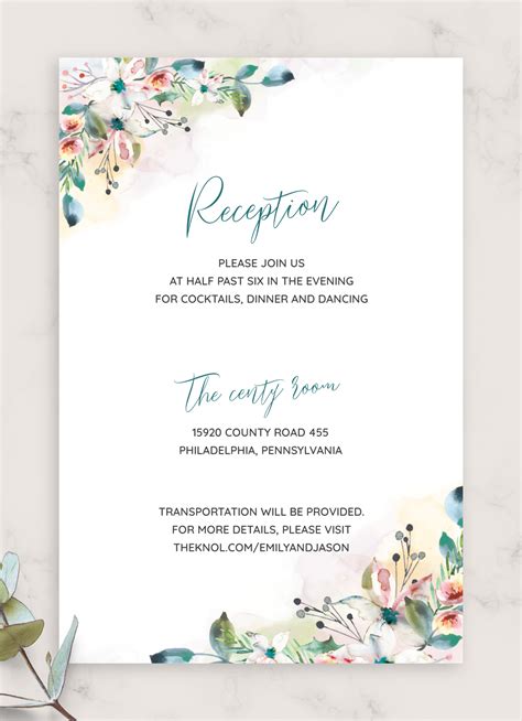 Find the perfect direction, response, accommodation, reception, or registry card. Download Printable Botanical Watercolor Wedding Reception Card PDF