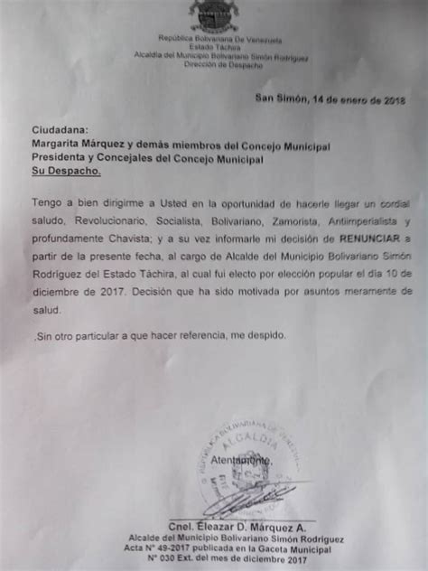 Renuncia Alcalde Chavista Del Municipio Simón Rodríguez De Táchira