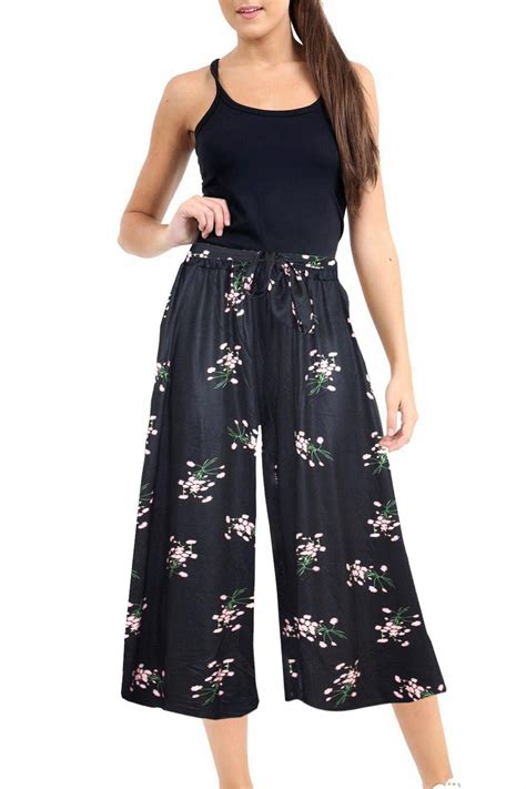 Womens Ladies Floral 34 Palazzo Belted Trousers Cropped Flared Wide