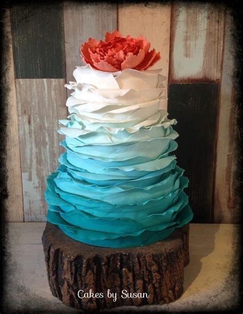 We've created this guide to our favourite ruffle wedding cake styles to help point you in the right direction. Ombré turquoise ruffle wedding cake | Turquoise wedding ...