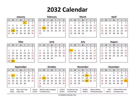 Download Printable 2032 Calendar With Holidays Weeks Start On Sunday