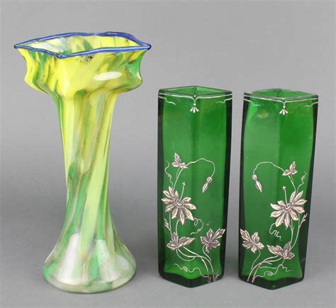 Two Art Nouveau Green Glass Vases With Floral 19th April 2017 Denhams