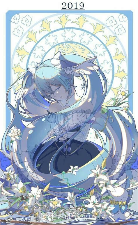 An Anime Character With Blue Hair And Flowers On Her Head In Front Of