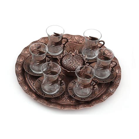 Pharpar Tea Glasses With Holders Saucers And Tray 6 Cups Set Bronze