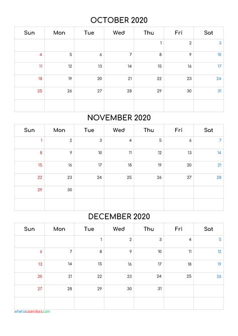 October November December 2020 Calendar Printable Free Q1 Q2 Q3 Q4