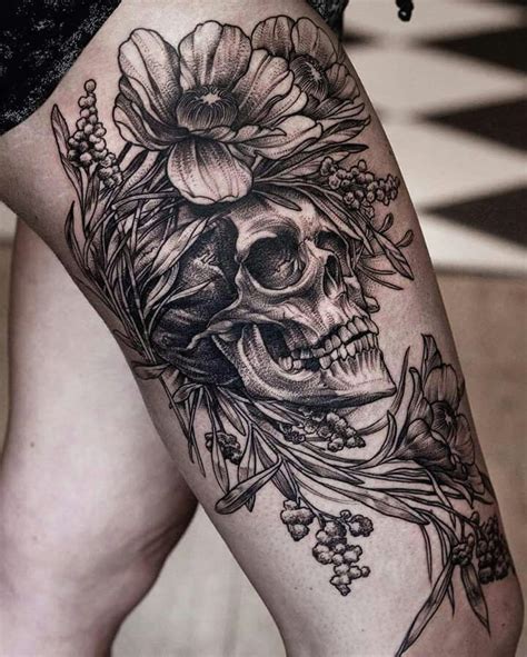 Pin By Janice Federico On Tattoos And Piercings Skull Thigh Tattoos Floral Skull Tattoos Leg
