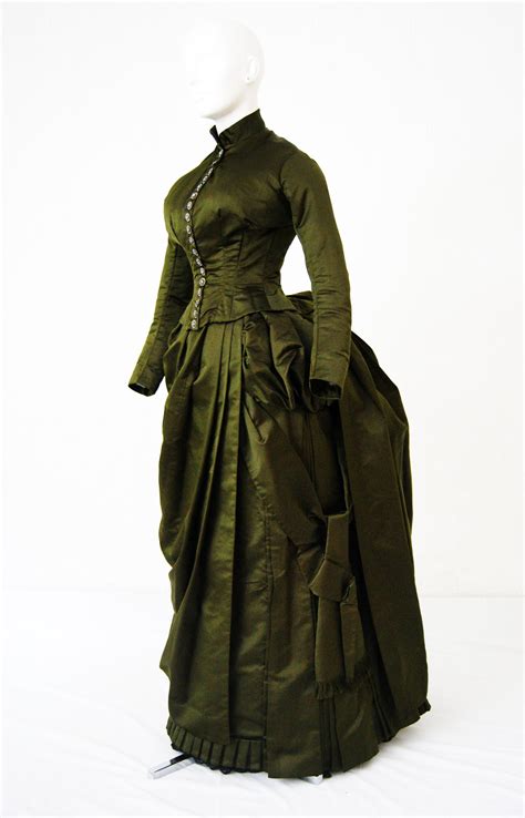 C 1886 Walking Dress In Silk Satin And Silver Buttons Victorian
