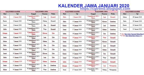 Kalender Jawa Bulan Januari 2020 Cgtrend