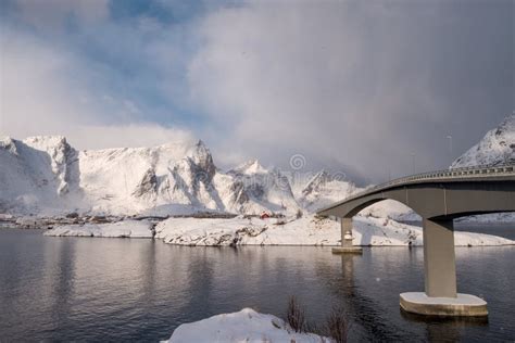 Bridge Cross Over Arctic Ocean With Sunlight On Mountain Stock Photo