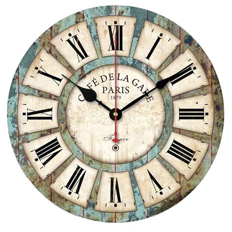 Vintage Wall Clock Shabby Chic Wood Clock Roman Numeral Round Quartz