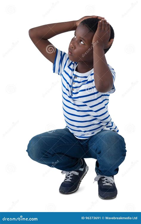 Sad Boy Crouching With Hand On Head Stock Image Image Of Lifestyle