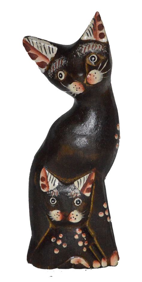 Meditating Yoga Mom And Baby Kitty Statue Hand Painted Carved Wood