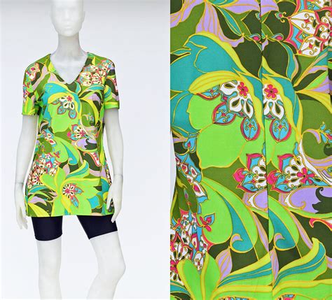 vintage 1970s day glo lime green psychedelic floral swirl etsy tunic style tops print tunic