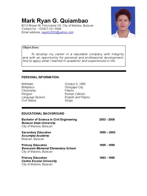 Cv / resume sample no. Mark Ryan Quiambao Resume Philippines) | Civil Engineering