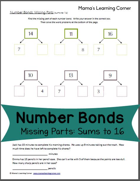 Number Bonds Worksheet: Missing Parts (sums to 16) - Mamas Learning Corner