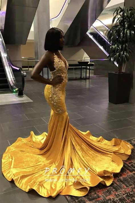 Yellow Velvet Mermaid African American Prom Dress Prom Girl Dresses
